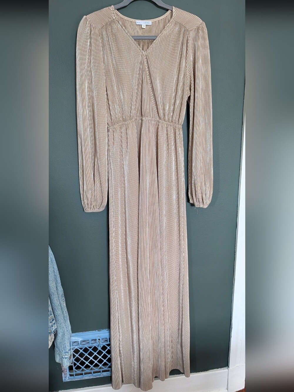 Baltic Born Gold Pleated V‑Neck Long‑Sleeve Maxi Dress